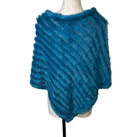 Black Rivet Womens Poncho One Size Blue Wool Rabbit Fur Knit Pullover - Picture 4 of 11